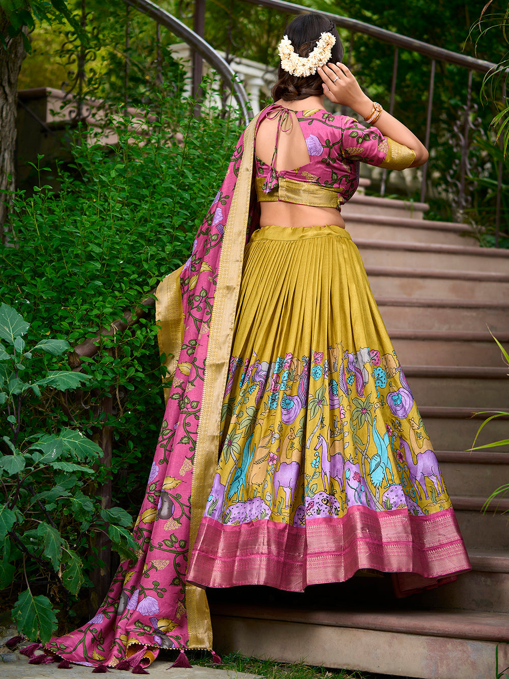 Mustard Color Kalamkari Print With Zari Weaving Dola Silk Pattu Lehenga Choli