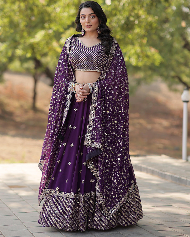 Wedding Wear Blooming Dark Purple Lehenga Choli