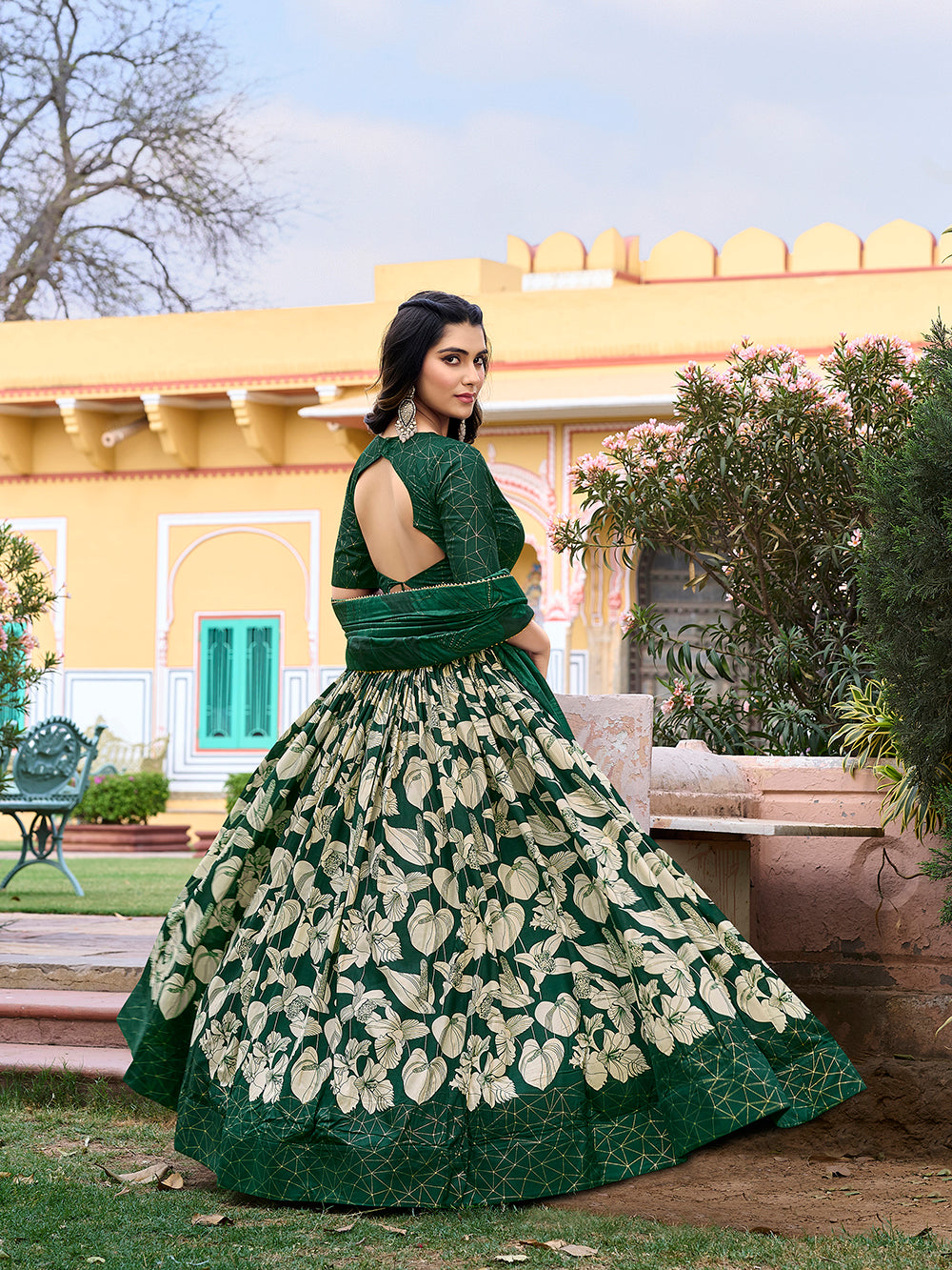 Green Color Floral Print With Foil Work Tussar Silk Lehenga Choli