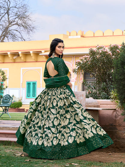 Green Color Floral Print With Foil Work Tussar Silk Lehenga Choli