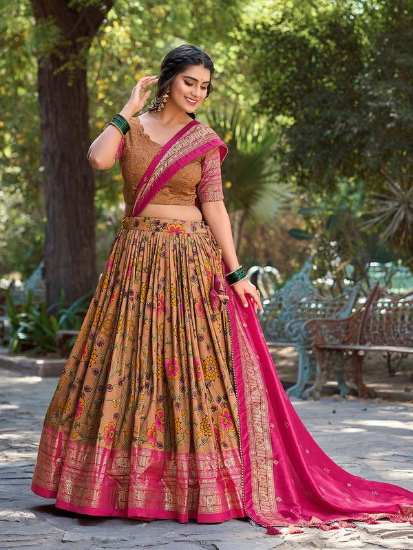 Mustard Color Kalamkari Print With Foil Work Tussar Silk Lehenga Choli