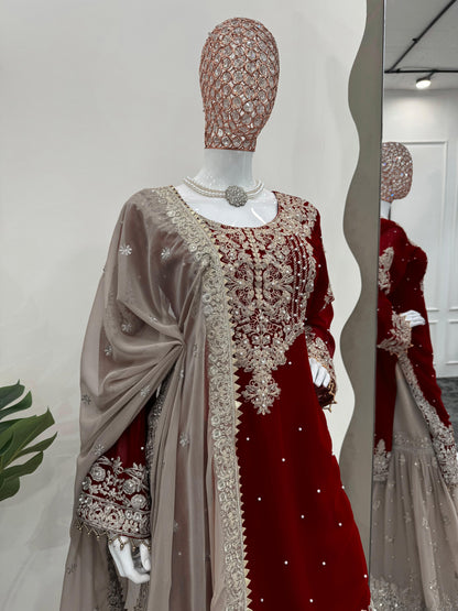 Wedding Wear Maroon Color Faux Georgette With Coding And Sequence With Pearl Work Beautiful Designer Sharara Suit