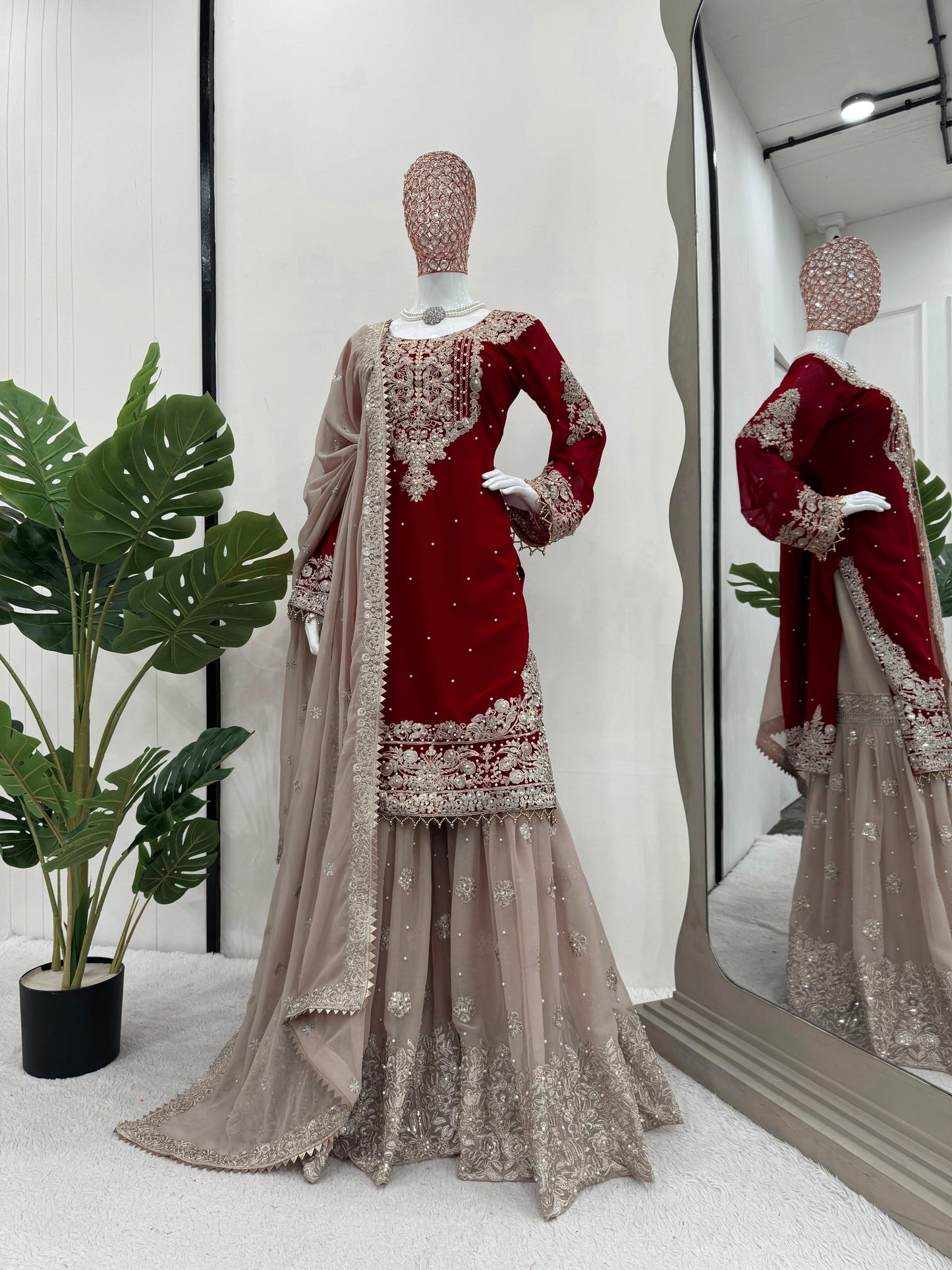 Wedding Wear Maroon Color Faux Georgette With Coding And Sequence With Pearl Work Beautiful Designer Sharara Suit