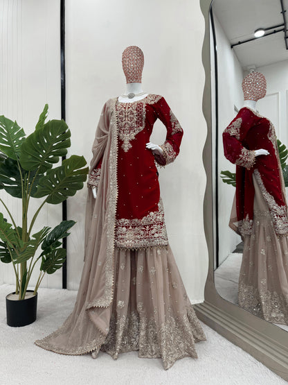Wedding Wear Maroon Color Faux Georgette With Coding And Sequence With Pearl Work Beautiful Designer Sharara Suit