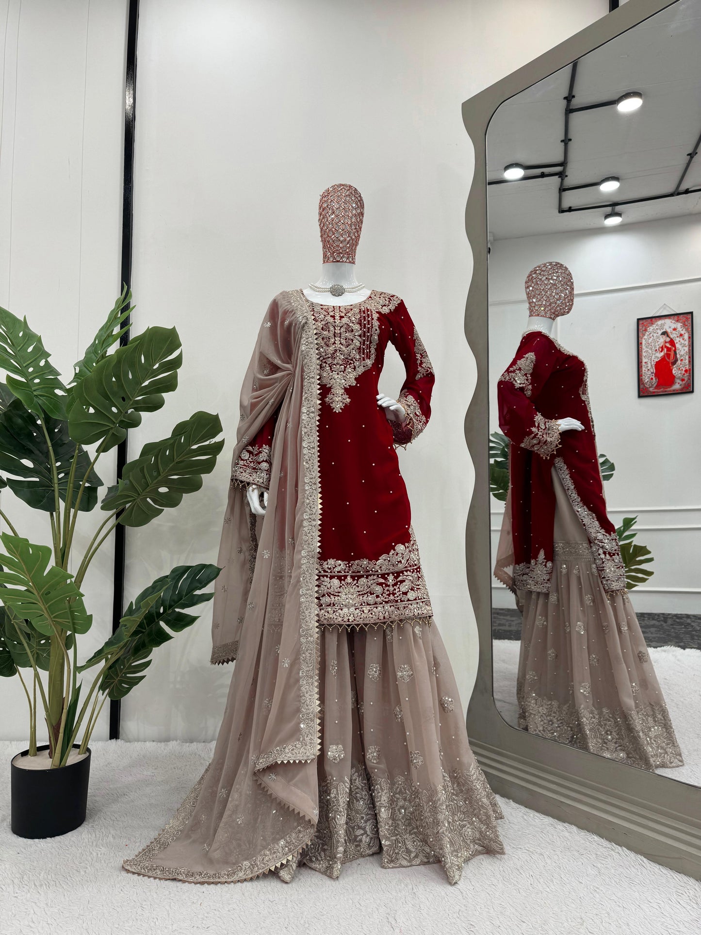 Wedding Wear Maroon Color Faux Georgette With Coding And Sequence With Pearl Work Beautiful Designer Sharara Suit