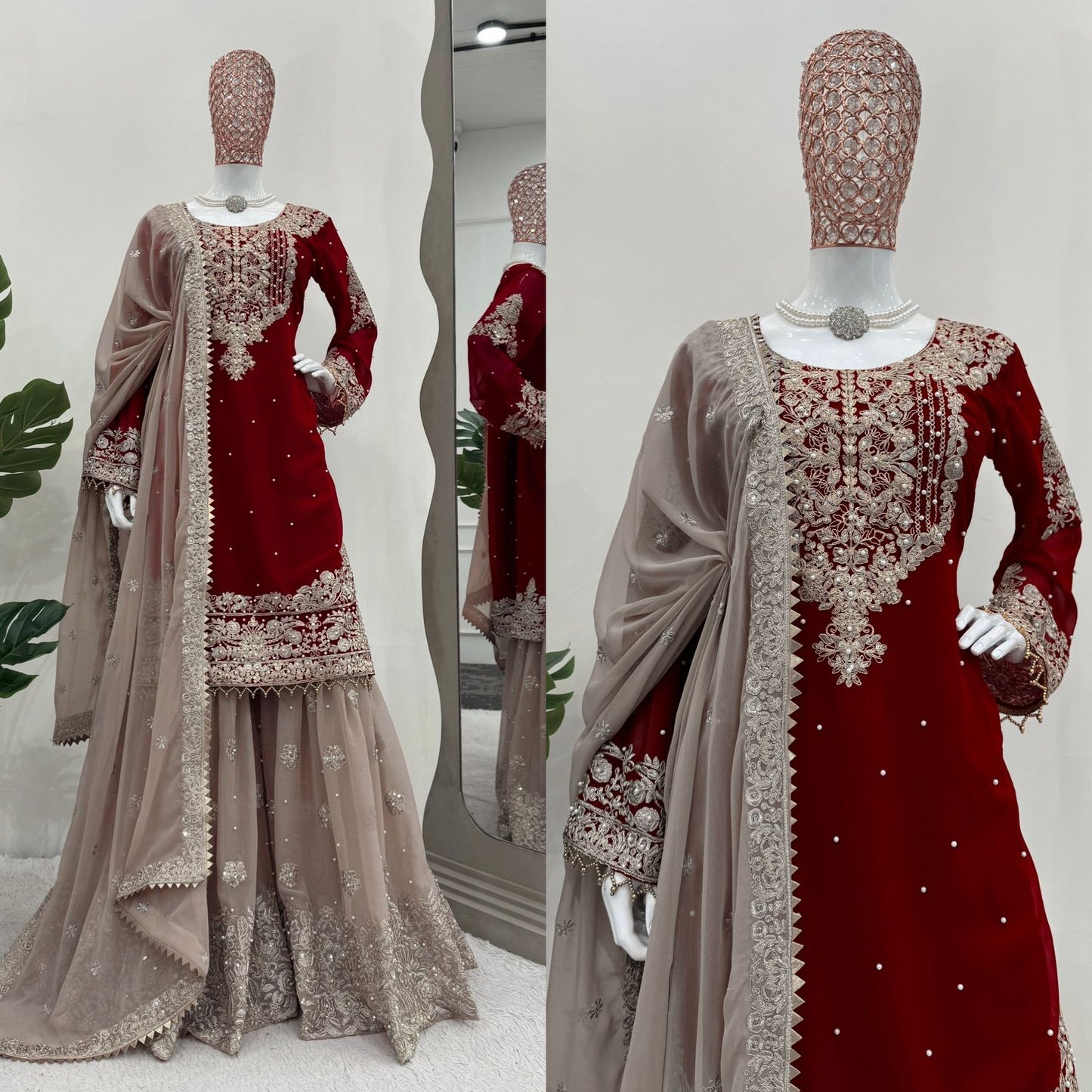 Wedding Wear Maroon Color Faux Georgette With Coding And Sequence With Pearl Work Beautiful Designer Sharara Suit