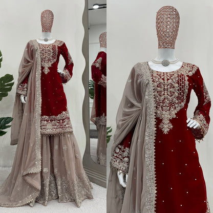 Wedding Wear Maroon Color Faux Georgette With Coding And Sequence With Pearl Work Beautiful Designer Sharara Suit