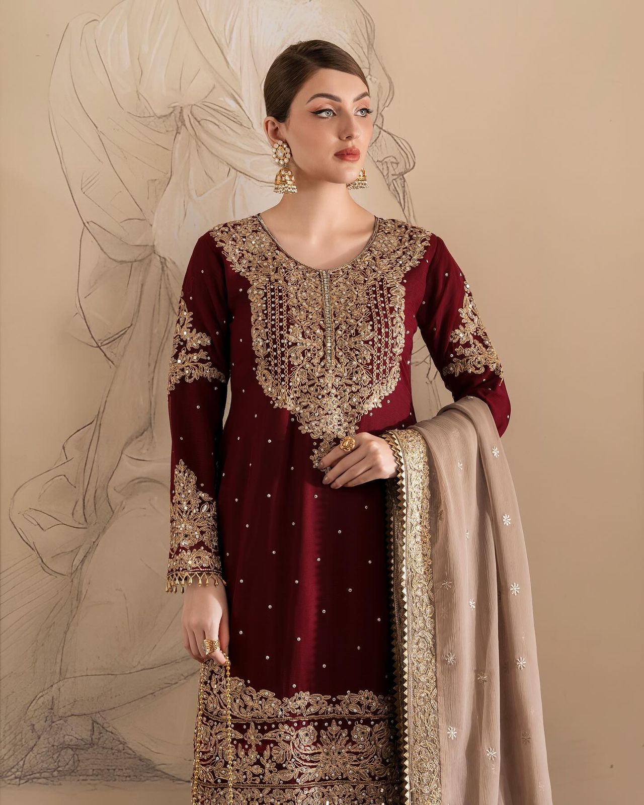 Wedding Wear Maroon Color Faux Georgette With Coding And Sequence With Pearl Work Beautiful Designer Sharara Suit