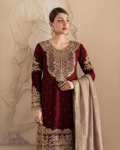 Wedding Wear Maroon Color Faux Georgette With Coding And Sequence With Pearl Work Beautiful Designer Sharara Suit