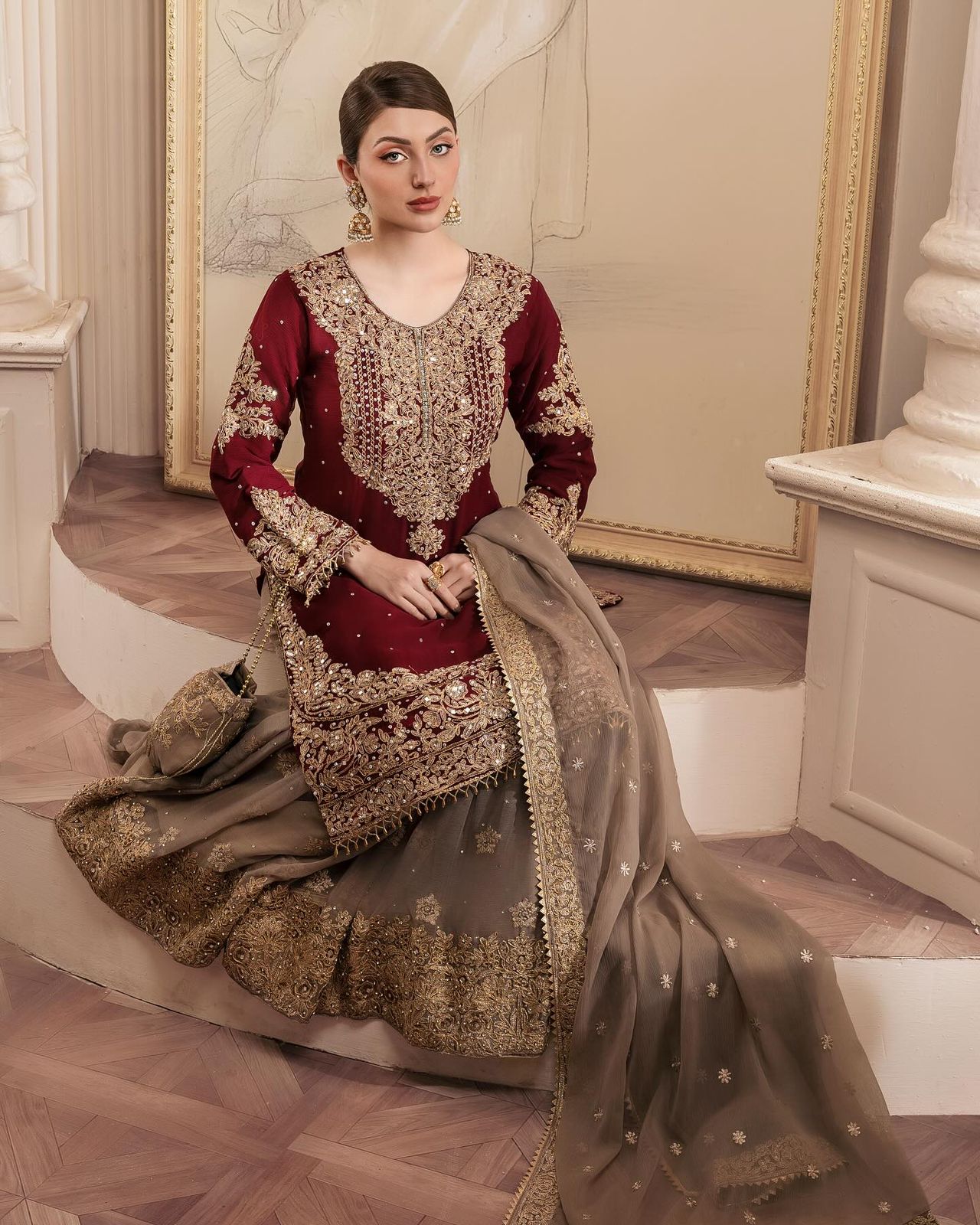 Wedding Wear Maroon Color Faux Georgette With Coding And Sequence With Pearl Work Beautiful Designer Sharara Suit