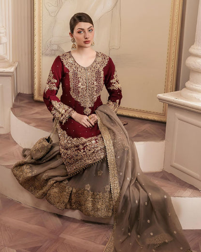 Wedding Wear Maroon Color Faux Georgette With Coding And Sequence With Pearl Work Beautiful Designer Sharara Suit