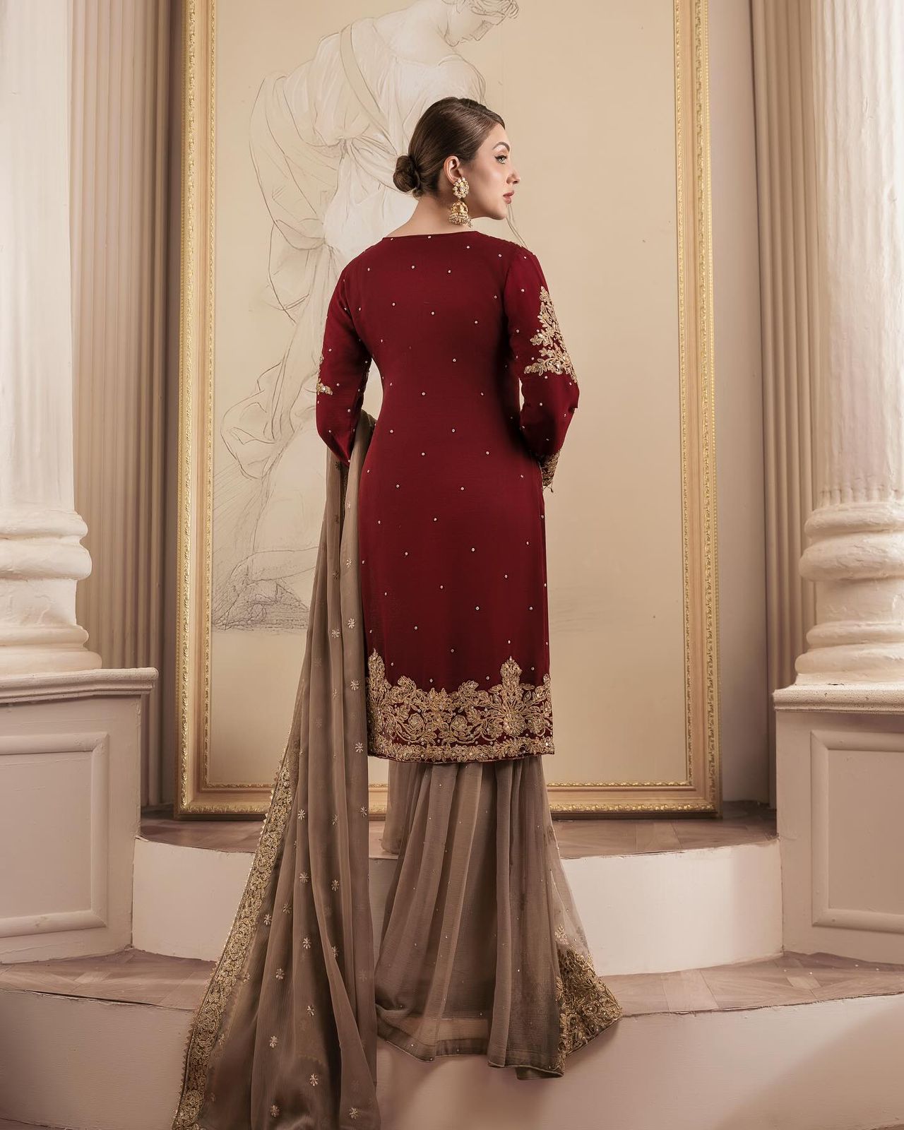 Wedding Wear Maroon Color Faux Georgette With Coding And Sequence With Pearl Work Beautiful Designer Sharara Suit