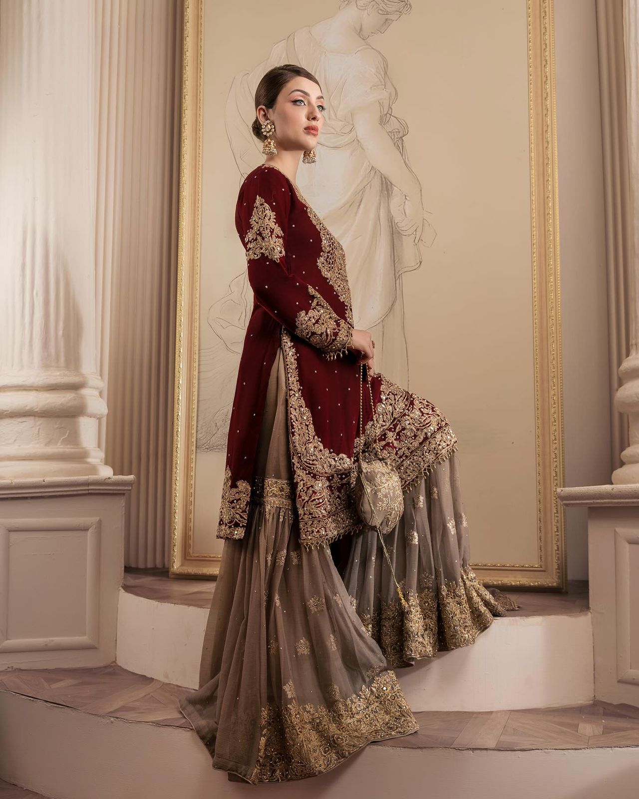 Wedding Wear Maroon Color Faux Georgette With Coding And Sequence With Pearl Work Beautiful Designer Sharara Suit