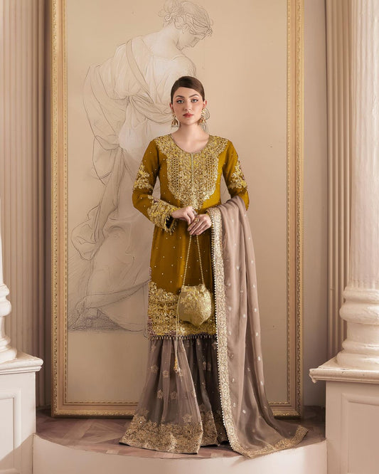 Wedding Wear Mustard Color Faux Georgette With Coding And Sequence With Pearl Work Beautiful Designer Sharara Suit