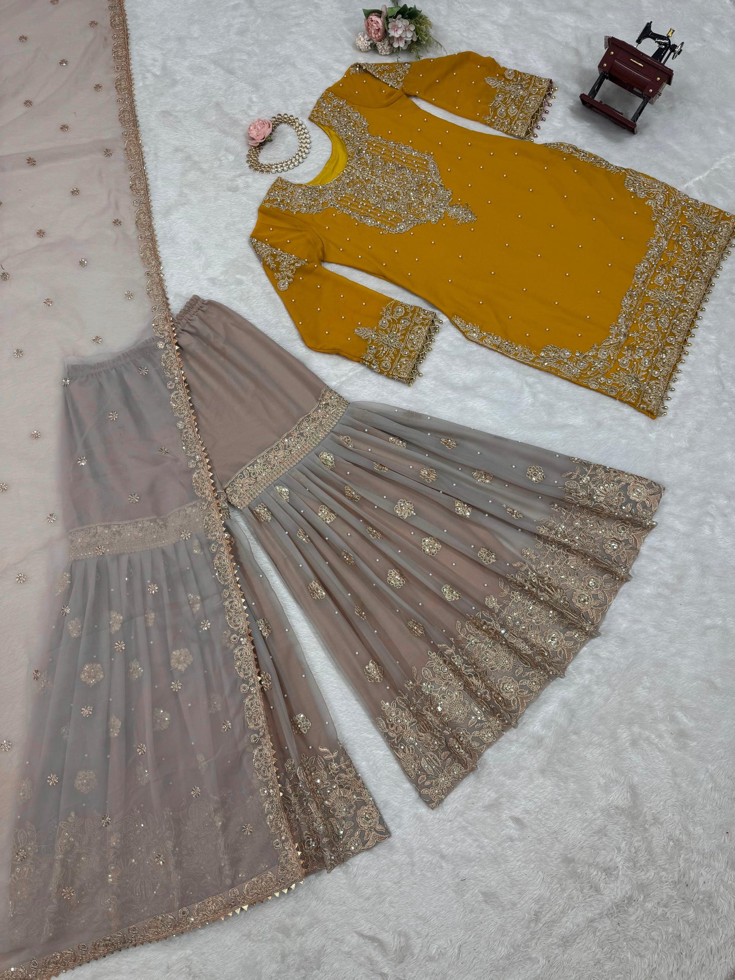 Wedding Wear Mustard Color Faux Georgette With Coding And Sequence With Pearl Work Beautiful Designer Sharara Suit