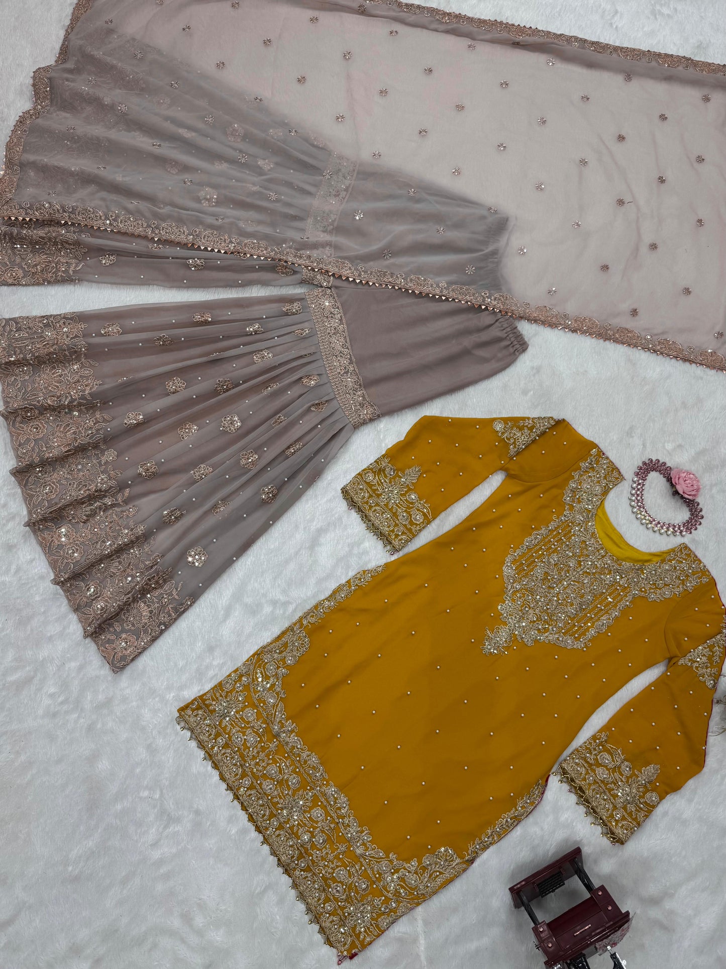 Wedding Wear Mustard Color Faux Georgette With Coding And Sequence With Pearl Work Beautiful Designer Sharara Suit