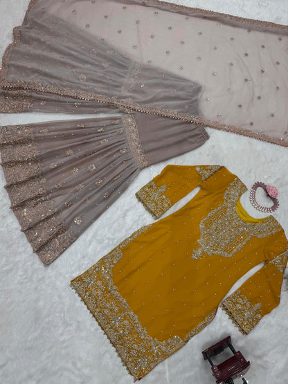 Wedding Wear Mustard Color Faux Georgette With Coding And Sequence With Pearl Work Beautiful Designer Sharara Suit
