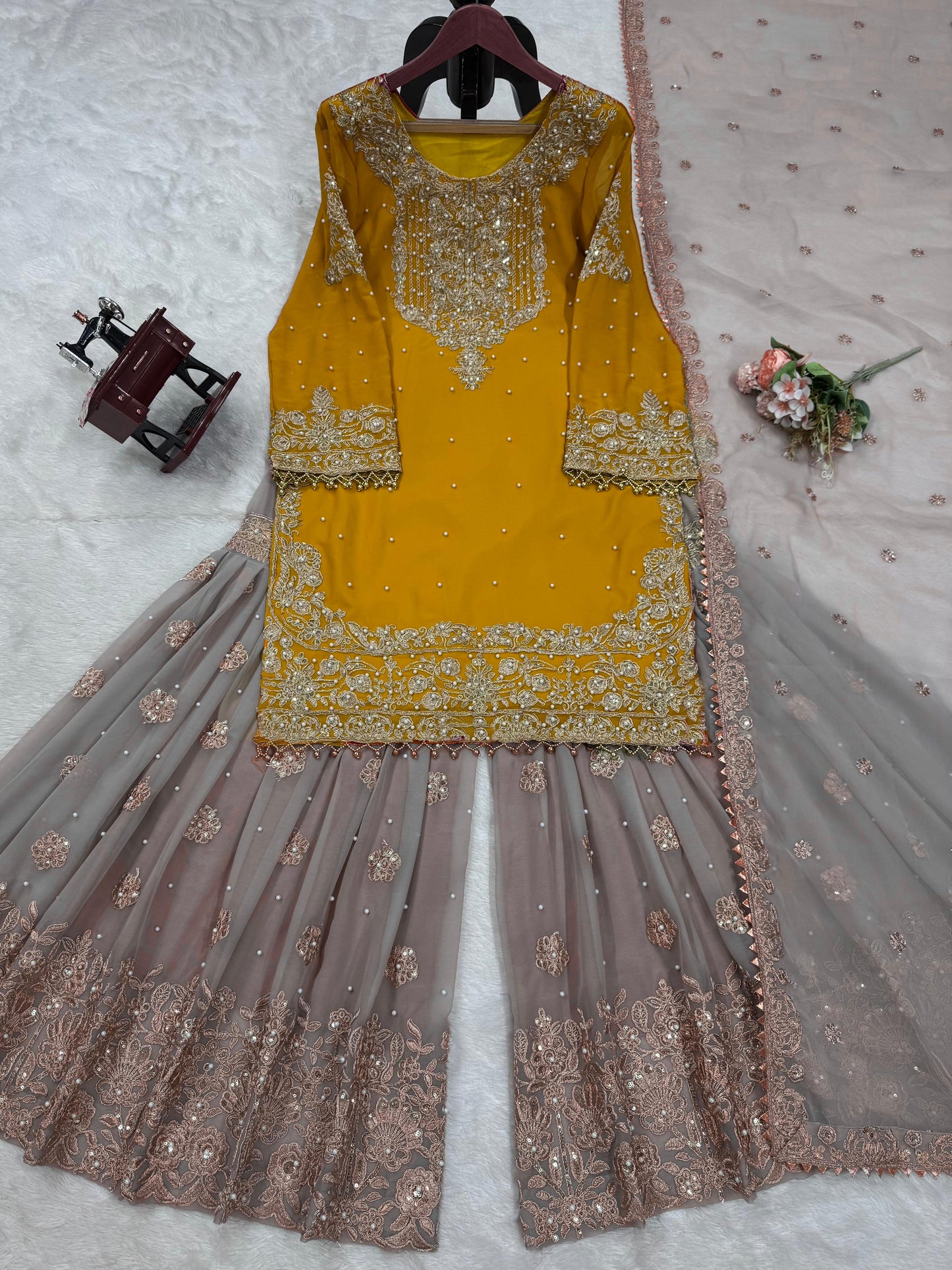 Wedding Wear Mustard Color Faux Georgette With Coding And Sequence With Pearl Work Beautiful Designer Sharara Suit