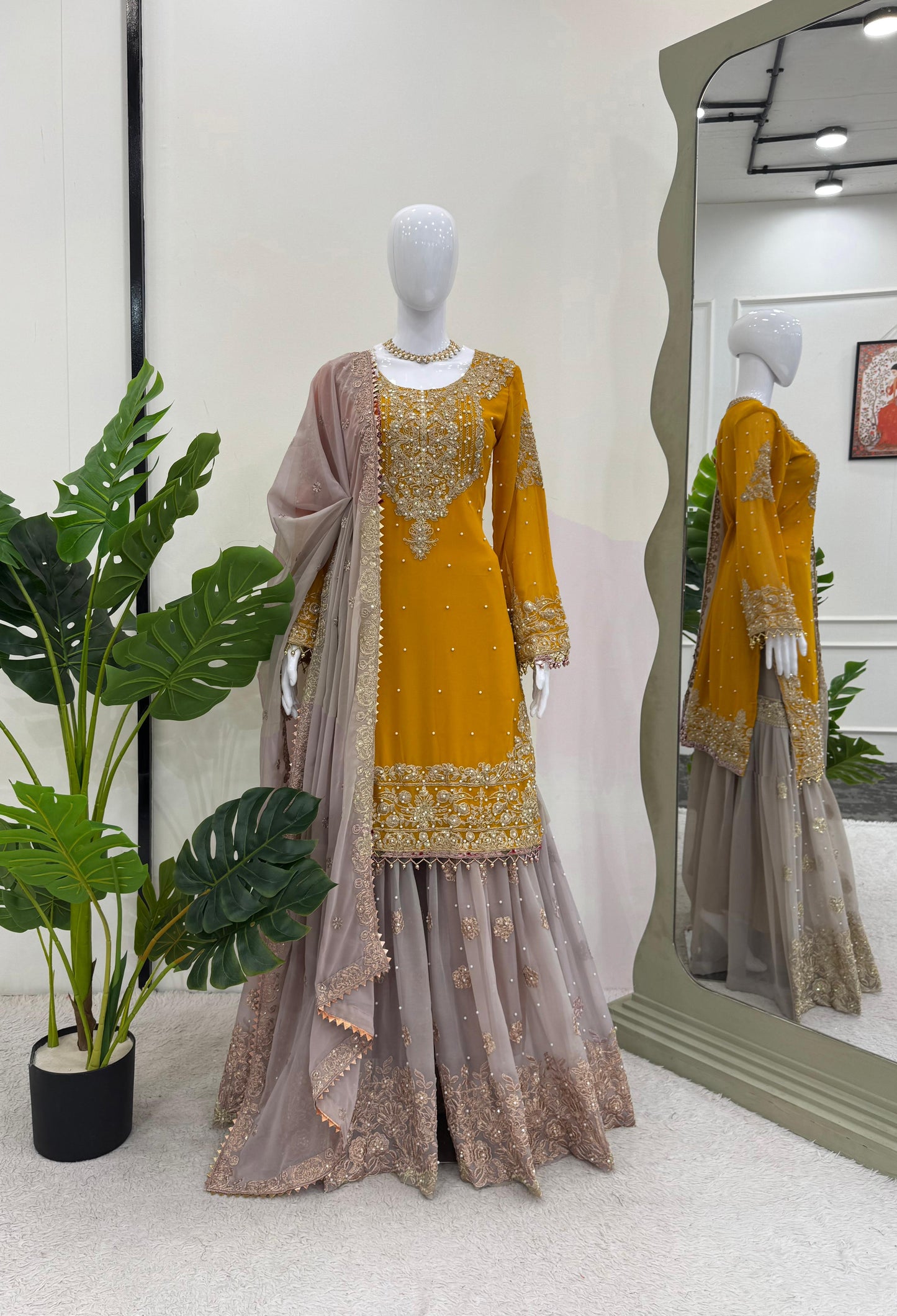 Wedding Wear Mustard Color Faux Georgette With Coding And Sequence With Pearl Work Beautiful Designer Sharara Suit