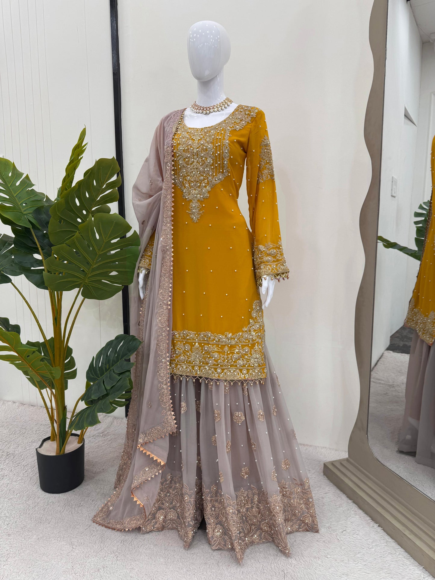 Wedding Wear Mustard Color Faux Georgette With Coding And Sequence With Pearl Work Beautiful Designer Sharara Suit