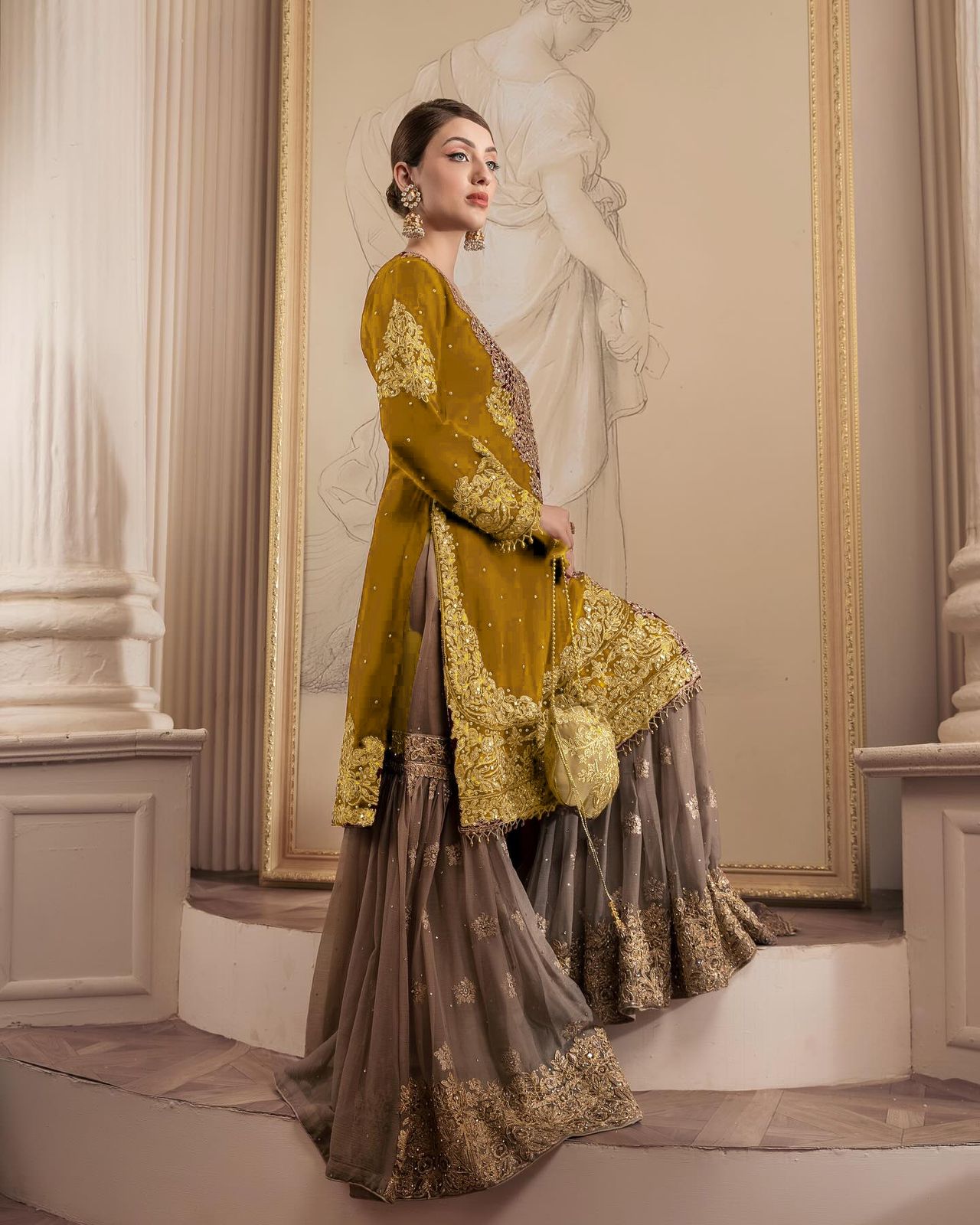 Wedding Wear Mustard Color Faux Georgette With Coding And Sequence With Pearl Work Beautiful Designer Sharara Suit