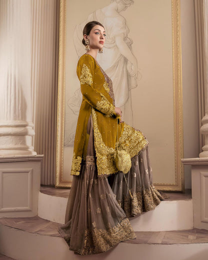 Wedding Wear Mustard Color Faux Georgette With Coding And Sequence With Pearl Work Beautiful Designer Sharara Suit