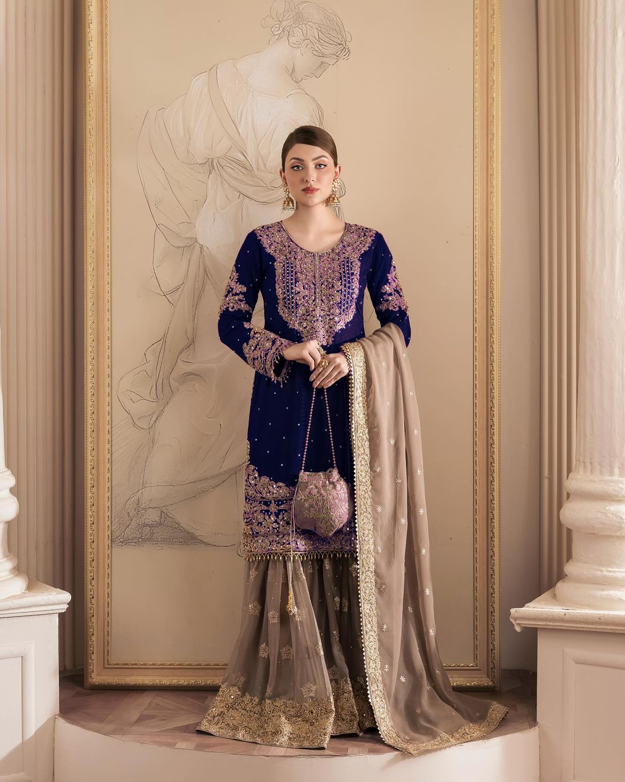 Wedding Wear Navy Blue Color Faux Georgette With Coding And Sequence With Pearl Work Beautiful Designer Sharara Suit