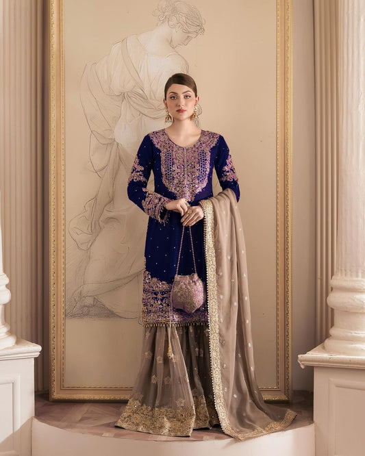 Wedding Wear Navy Blue Color Faux Georgette With Coding And Sequence With Pearl Work Beautiful Designer Sharara Suit