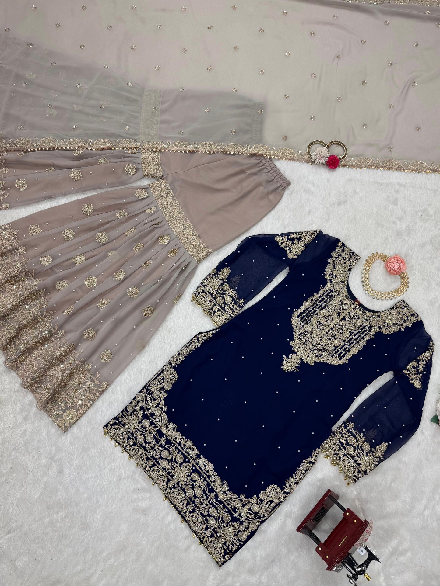 Wedding Wear Navy Blue Color Faux Georgette With Coding And Sequence With Pearl Work Beautiful Designer Sharara Suit