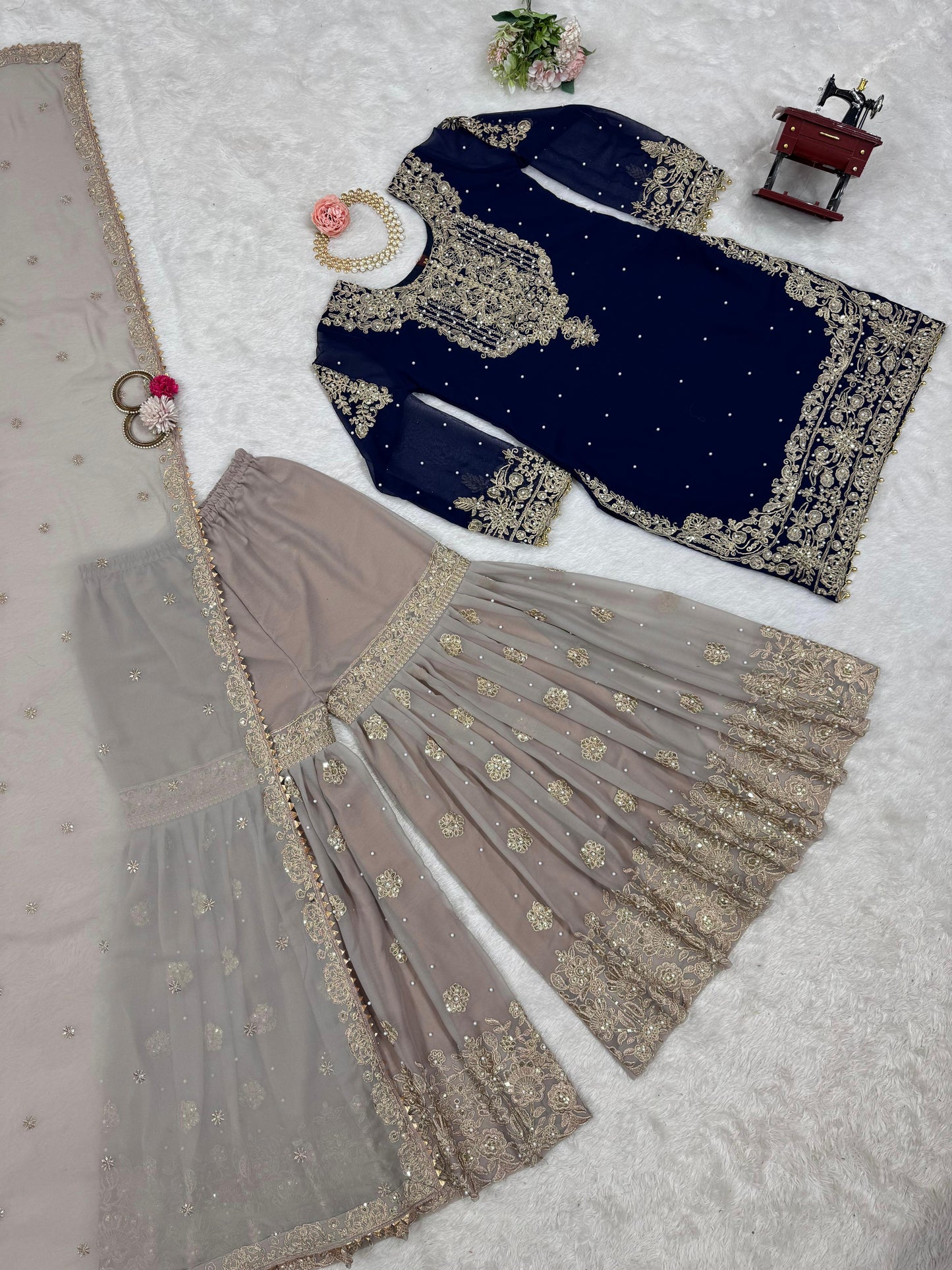 Wedding Wear Navy Blue Color Faux Georgette With Coding And Sequence With Pearl Work Beautiful Designer Sharara Suit