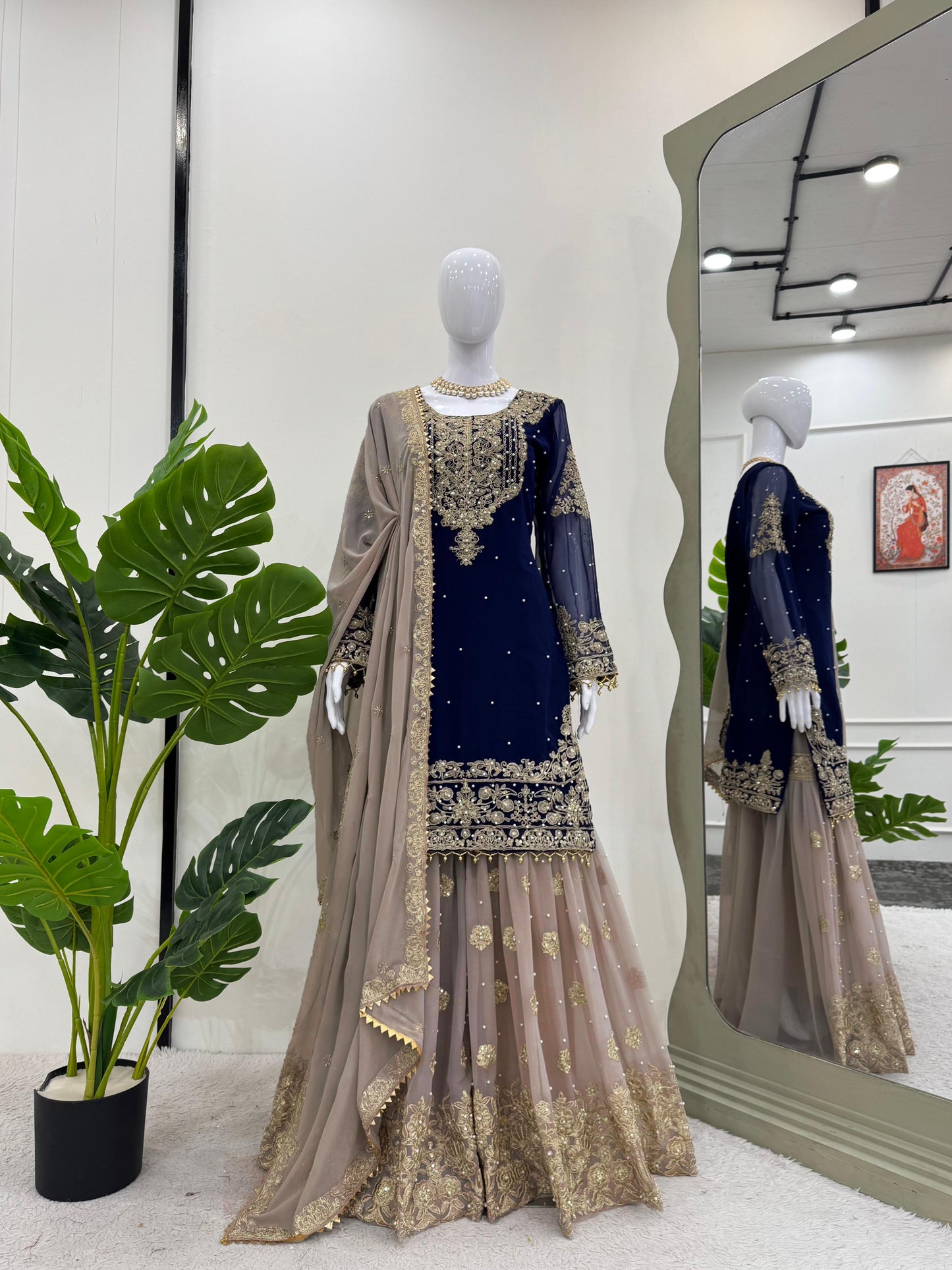 Wedding Wear Navy Blue Color Faux Georgette With Coding And Sequence With Pearl Work Beautiful Designer Sharara Suit
