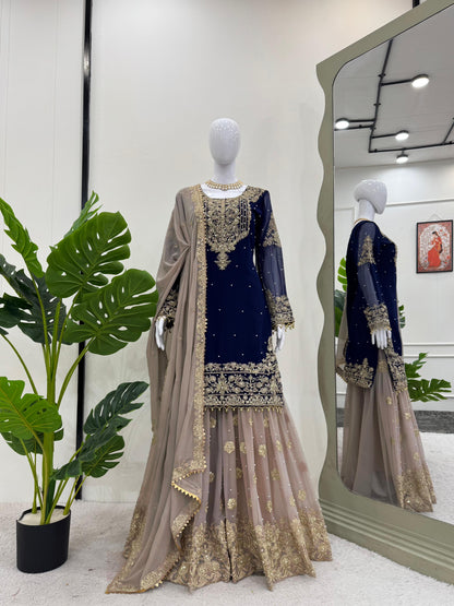 Wedding Wear Navy Blue Color Faux Georgette With Coding And Sequence With Pearl Work Beautiful Designer Sharara Suit