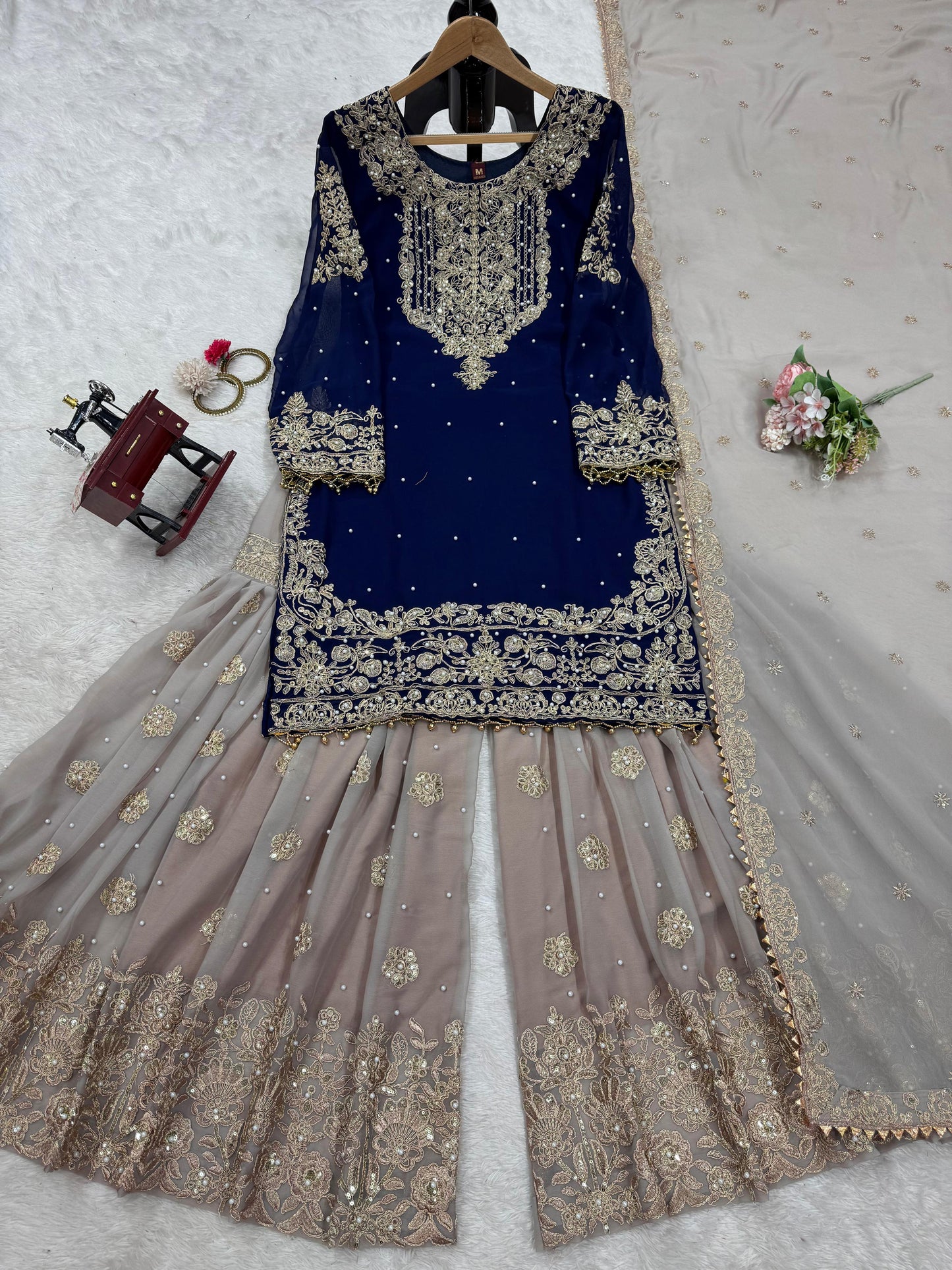 Wedding Wear Navy Blue Color Faux Georgette With Coding And Sequence With Pearl Work Beautiful Designer Sharara Suit