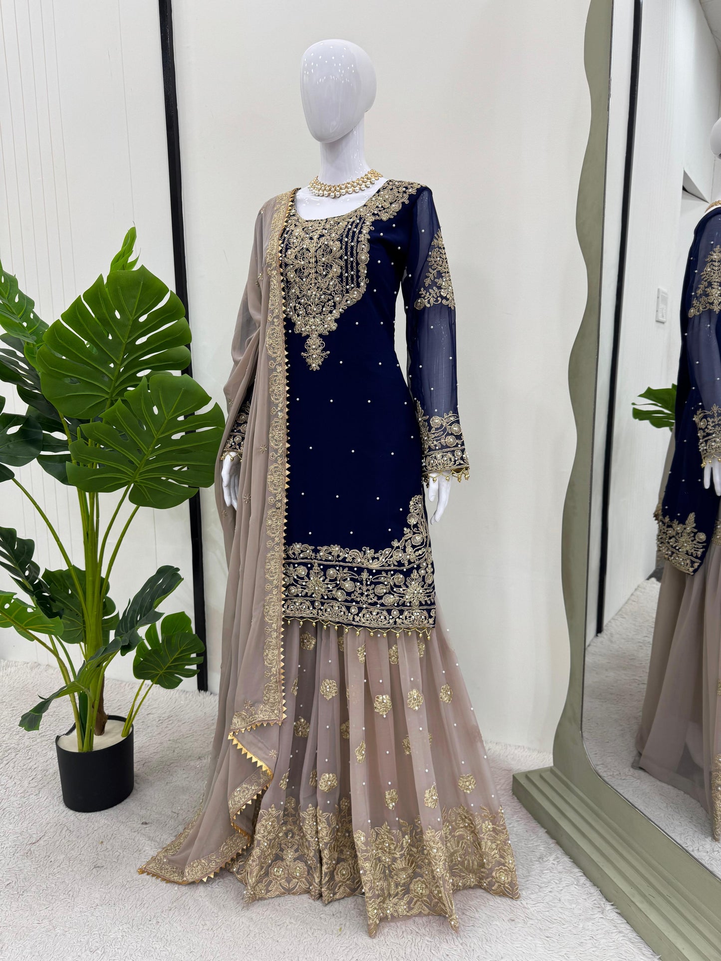 Wedding Wear Navy Blue Color Faux Georgette With Coding And Sequence With Pearl Work Beautiful Designer Sharara Suit