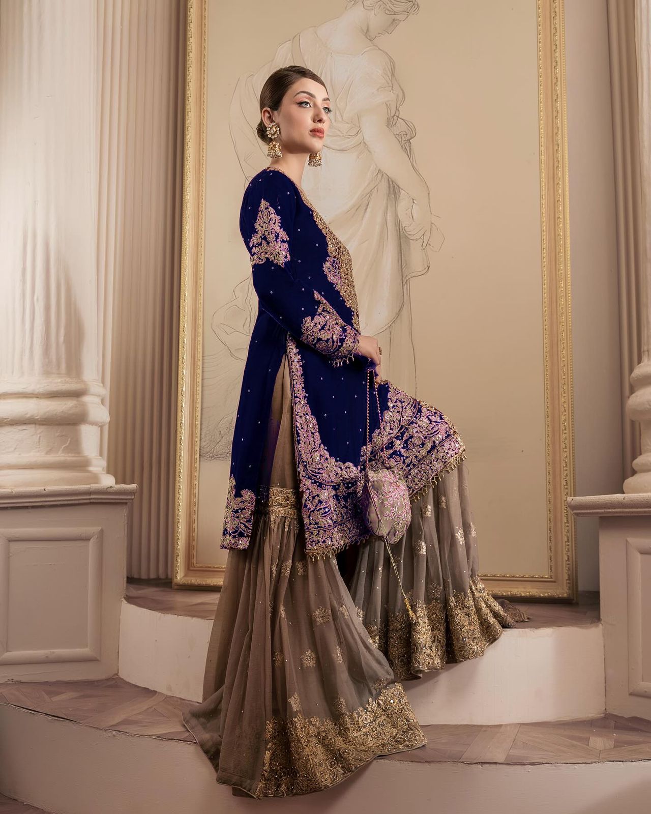 Wedding Wear Navy Blue Color Faux Georgette With Coding And Sequence With Pearl Work Beautiful Designer Sharara Suit