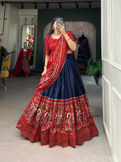 Navy Blue Color Patola Print And Foil Work Dola Silk Lehenga Choli