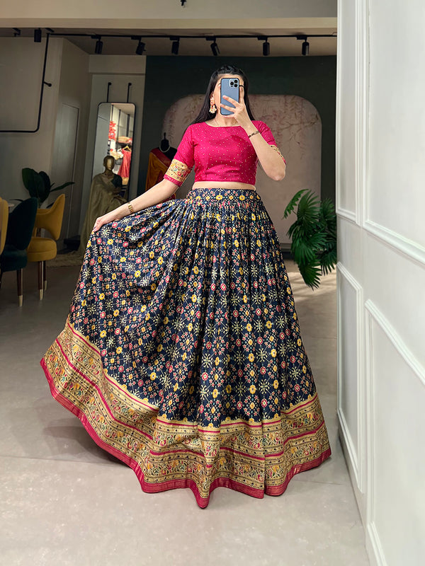 Navy Blue Color Foil Print And Embellish Stone Work Dola Silk Co-ord Set Lehenga