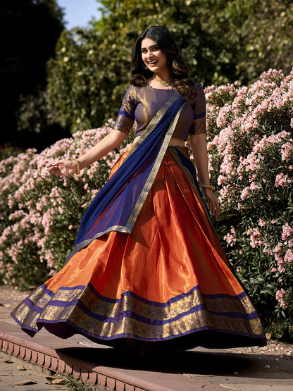 Orange Color Zari Weaving Work Kanchipuram Pattu Half Saree Lehenga Choli