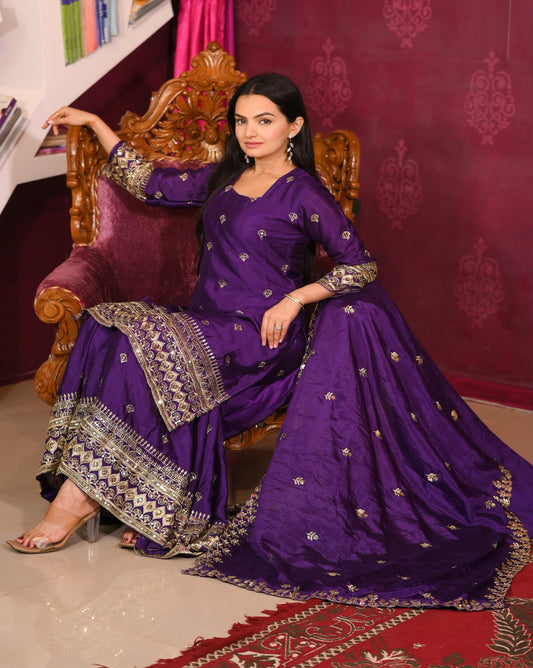Wedding Wear Purple Color Chinon With Sequence Embroidery Work Beautiful Sharara Suit