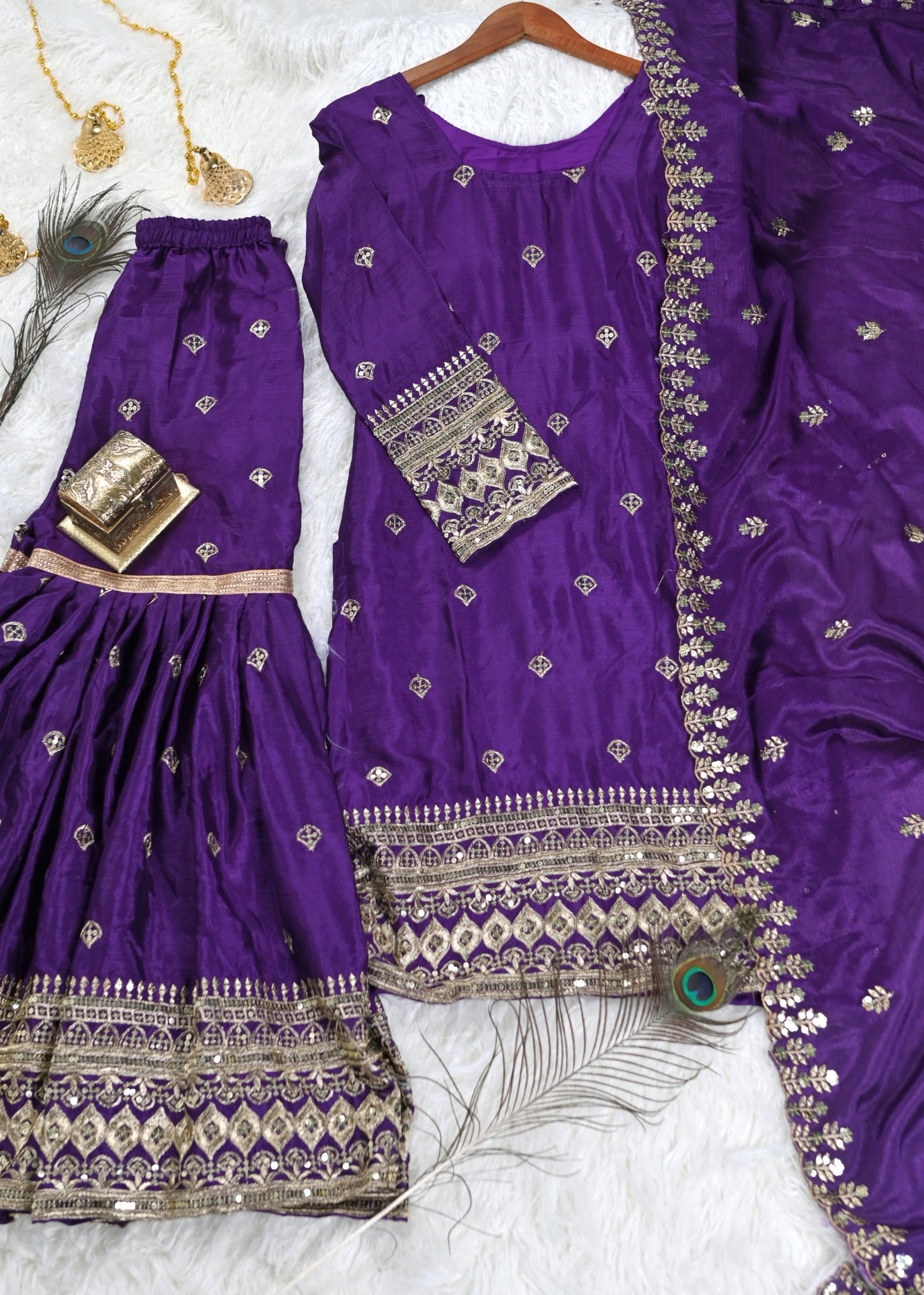 Wedding Wear Purple Color Chinon With Sequence Embroidery Work Beautiful Sharara Suit