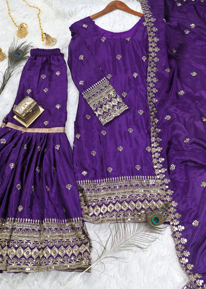 Wedding Wear Purple Color Chinon With Sequence Embroidery Work Beautiful Sharara Suit