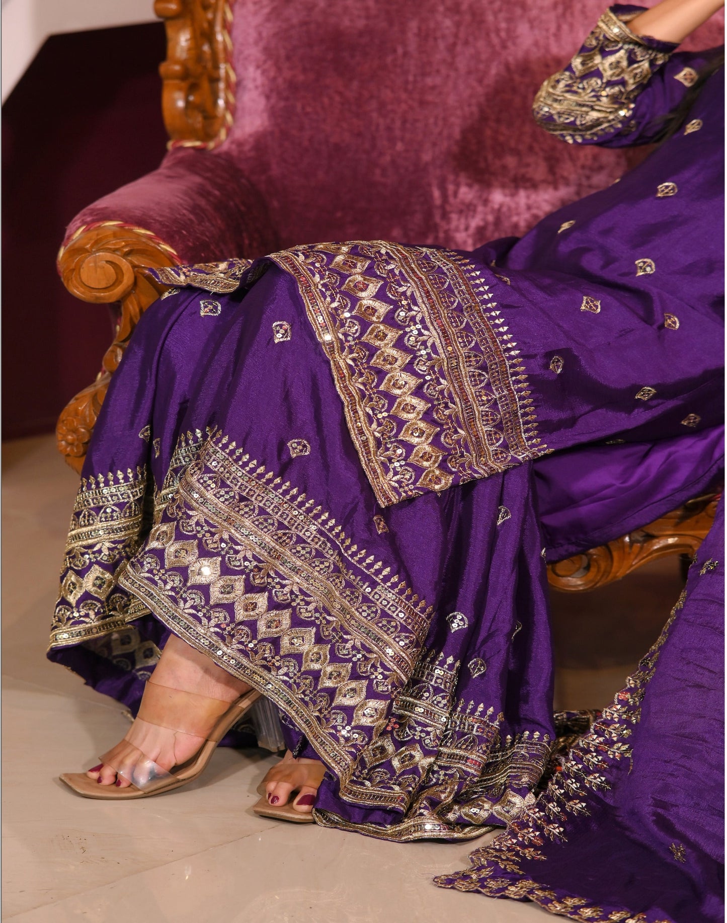 Wedding Wear Purple Color Chinon With Sequence Embroidery Work Beautiful Sharara Suit