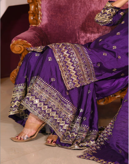 Wedding Wear Purple Color Chinon With Sequence Embroidery Work Beautiful Sharara Suit