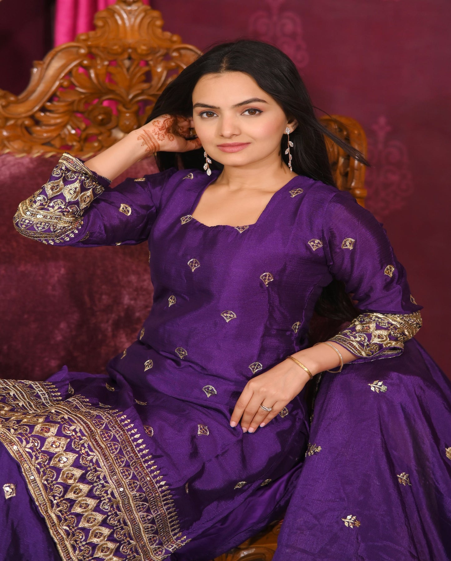 Wedding Wear Purple Color Chinon With Sequence Embroidery Work Beautiful Sharara Suit