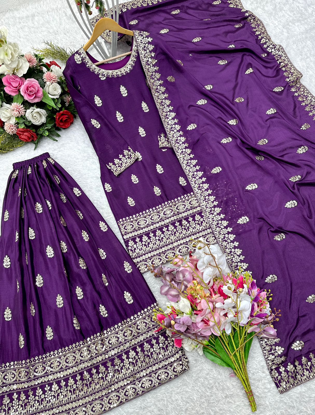 Wedding Wear Purple Color Pure Chinon Silk With Embroidery 5mm Sequence Work Beautiful Sharara Suit