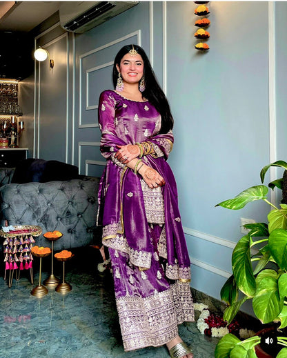 Wedding Wear Purple Color Pure Chinon Silk With Embroidery 5mm Sequence Work Beautiful Sharara Suit