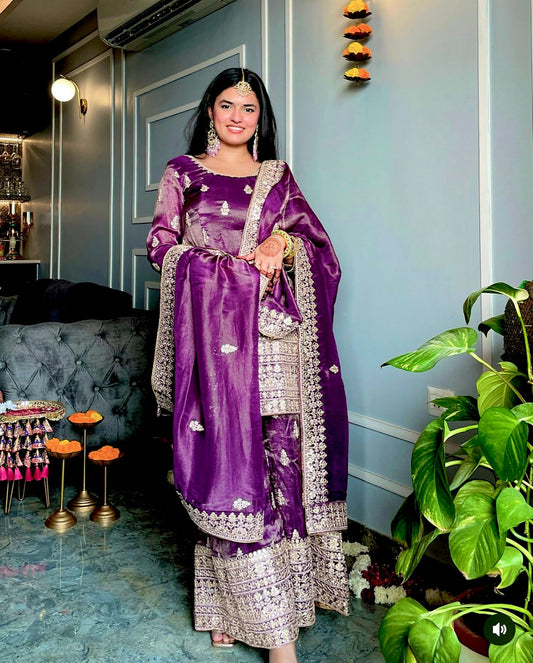 Wedding Wear Purple Color Pure Chinon Silk With Embroidery 5mm Sequence Work Beautiful Sharara Suit