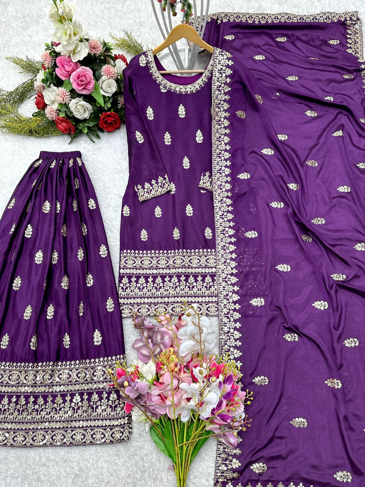 Wedding Wear Purple Color Pure Chinon Silk With Embroidery 5mm Sequence Work Beautiful Sharara Suit