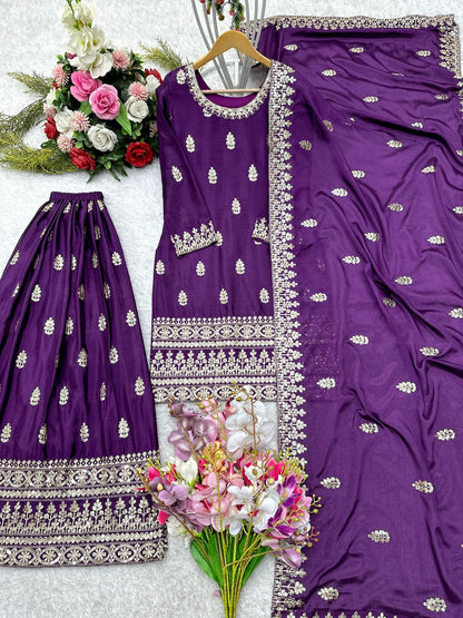 Wedding Wear Purple Color Pure Chinon Silk With Embroidery 5mm Sequence Work Beautiful Sharara Suit