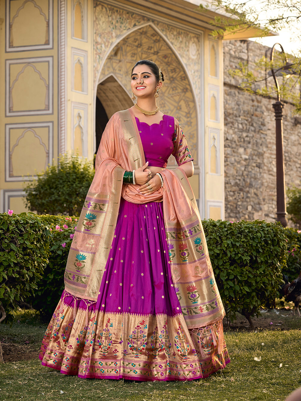 Purple Color Jacquard Silk Paithani Weaving Zari Work Wedding Wear Lehenga Choli